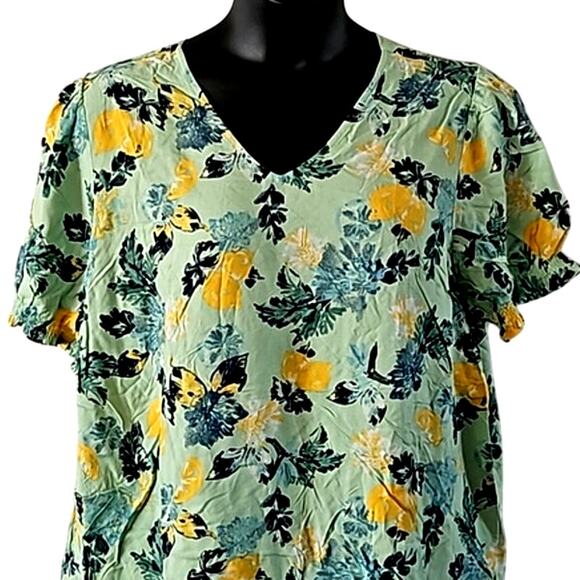 Denim & Co. Printed Blouse with Smocked Sleeve Cuff - Size XL, Green/Yellow/Blue - Picture 4 of 8